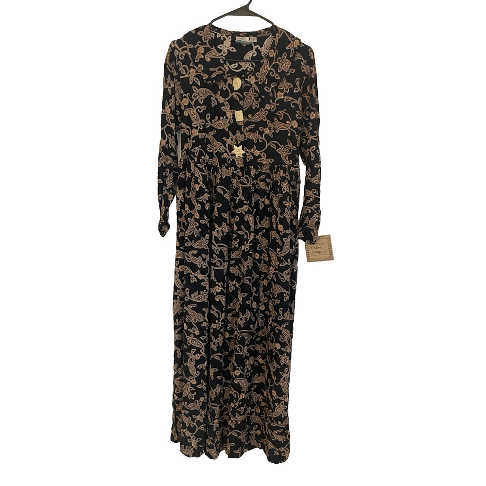 Boho Paisley Maxi Dress M NWT Black Tan Rayon Button Front‎ Cottagecore Modest